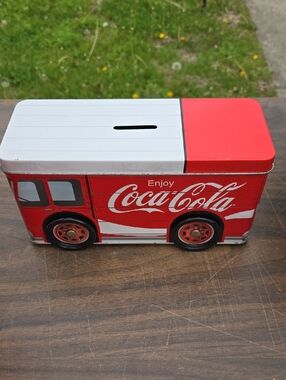 Coca Cola Red and White Tin Bus Coin Bank